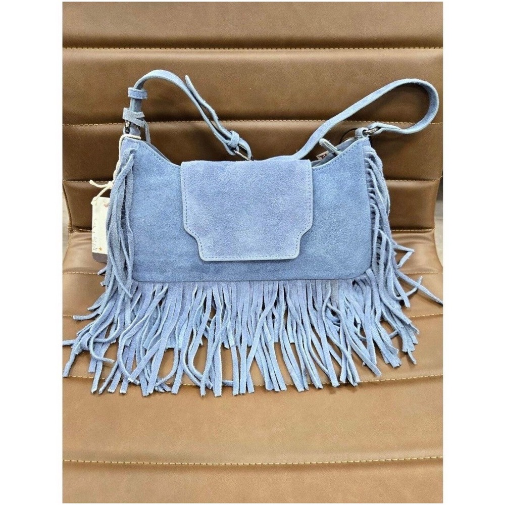 Haute Hippie HH Blue Suede Fringe Crossbody Bag Boho Western Genuine Leather NWT